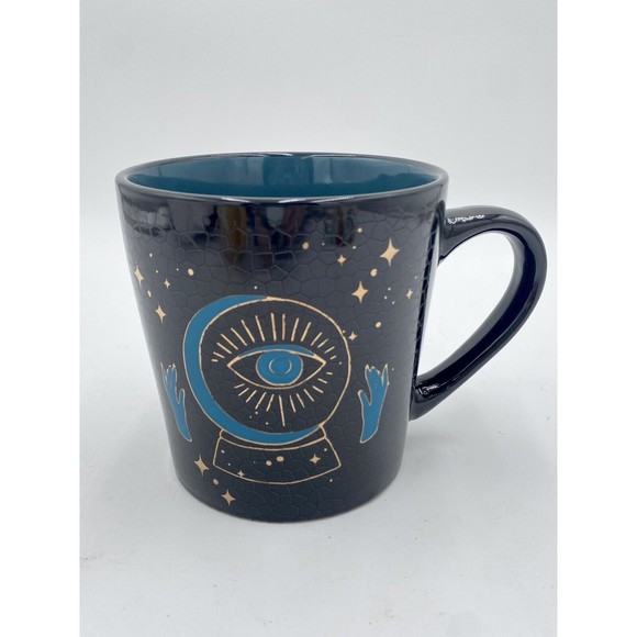 Cobwebs & Cauldrons Huge 20 oz. Mug Crystal Ball Eye Hands Stars Black Blue Gold - Picture 1 of 9